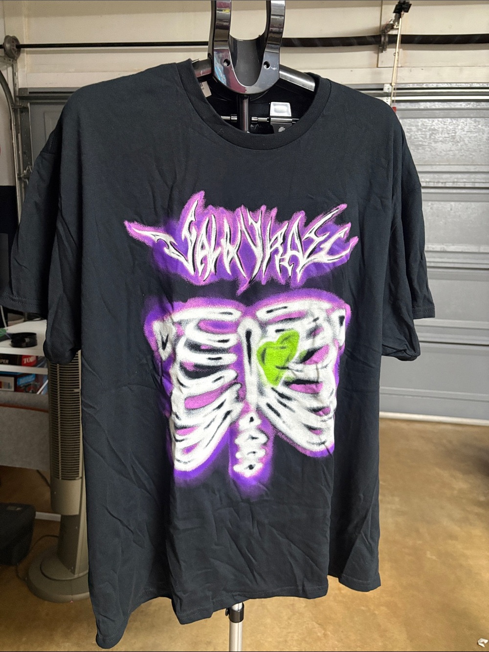 Black Graphic Tee with Neon Ribcage and Green Heart